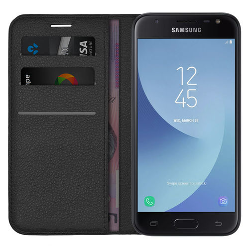 Leather Wallet Case & Card Holder Pouch for Samsung Galaxy J3 (2017) - Black